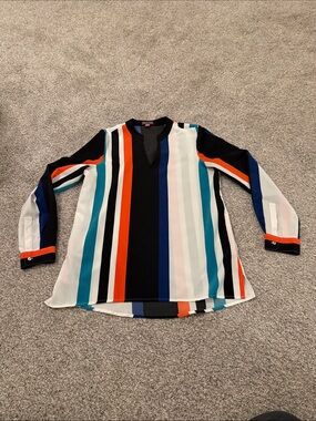 Vince Camuto Women’s Striped Long Sleeve V-Neck Blouse Multicolor Petite Small